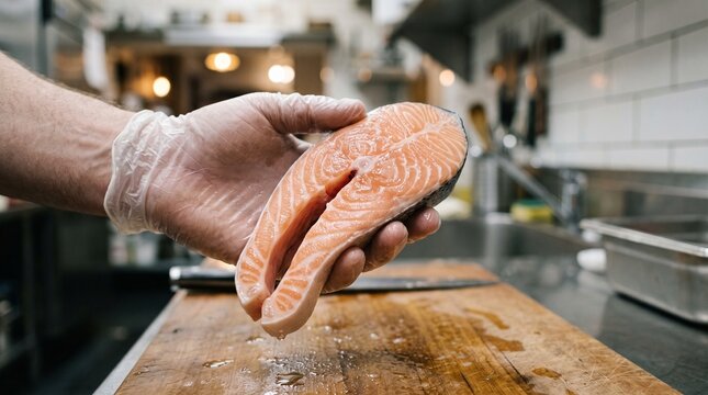 Professional chef holding fresh raw salmon steak fillet in commercial kitchen with restaurant culinary preparation gastronomy professional ingredient nutrition