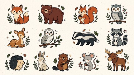 Obraz premium Woodland Animals Collection Cute Outline Style Forest Wildlife Clipart Set