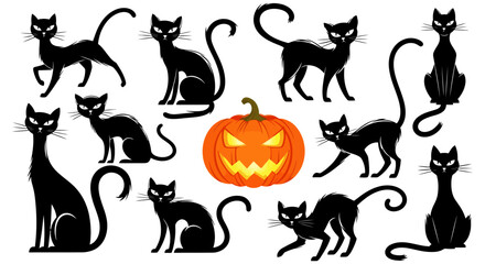 Obraz premium Halloween Black Cats Surrounding a Carved Pumpkin Silhouette.