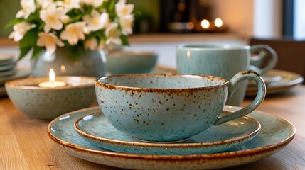 Fototapeta premium Elegant Rustic Dinnerware Set with Blue Glaze and Floral Centerpiece in Cozy Dining Space