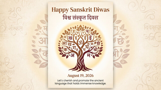 World Sanskrit Day poster featuring a sacred Sanskrit knowledge tree with Devanagari letters on a clean educational heritage background