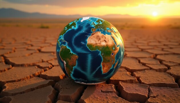 Earth globe rests on cracked dry soil. Barren landscape under warm sunset sky. Planet faces global warming and desertification crisis, needs eco conservation.