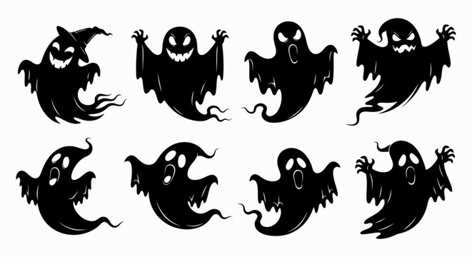 Eight Black Ghost Silhouettes on Transparent Background.