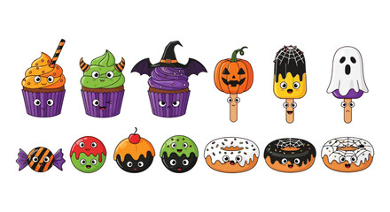Fototapeta premium Halloween themed decorated cupcakes and cookies with spooky designs.