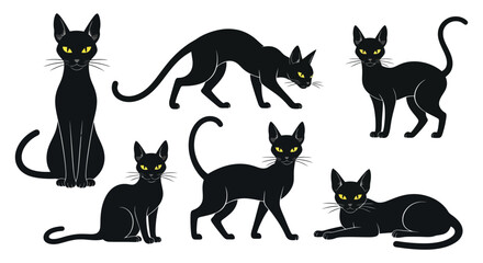 Collection of Black Cats in Various Poses Vector Illustration. © Muginandaru