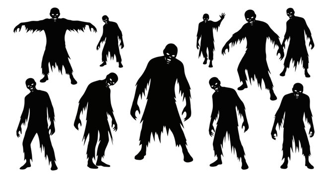 Group of Zombie Silhouettes in Eerie Walking Poses.