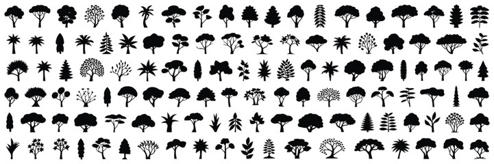 Minimal CAD tree line drawing icon set featuring tropical and oak trees with side view outline symbols for architecture and landscape design. © ABUBOKKORsiddik