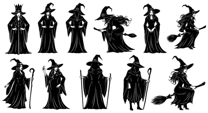 Black Silhouettes of Witches in Various Poses.