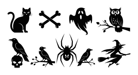 Obraz premium Spooky Halloween Silhouettes Featuring Cat Ghost Owl and Witch.