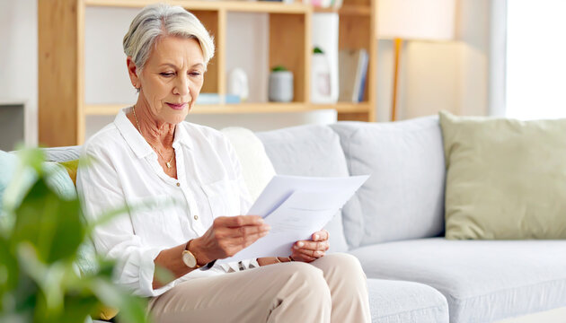 Seniorin liest Unterlagen auf den Sofa 