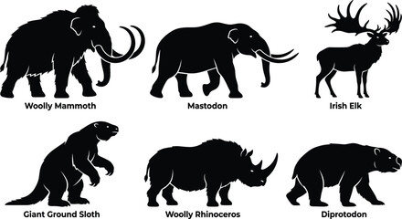 Obraz premium Prehistoric Megafauna Silhouette Set Featuring Woolly Mammoth Mastodon Irish Elk Giant Ground Sloth Woolly Rhinoceros and Diprotodon Vectors