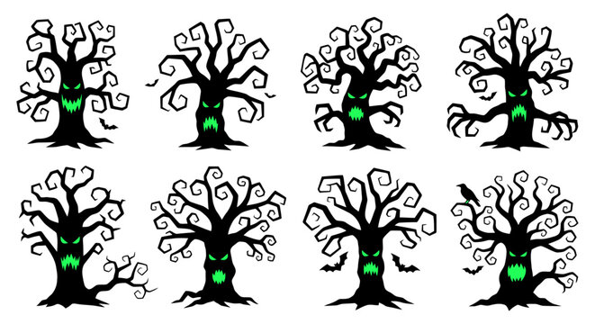 Stylized Black Trees with Green Glowing Cores in a Grid Pattern.