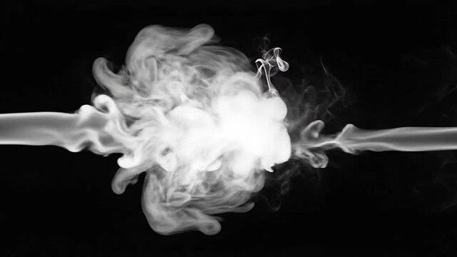 Dynamic white smoke and vapor plumes creating intricate patterns against a deep black background