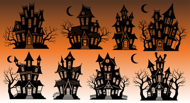 Silhouette Haunted Houses Against Orange Sunset with Crescent Moon.