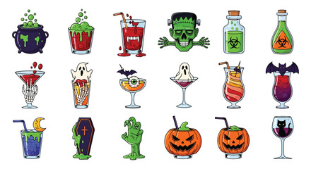 Fototapeta premium Colorful Halloween Themed Drinks and Monster Characters Cartoon.