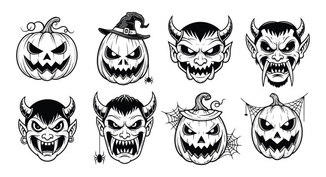 Halloween Pumpkin and Demon Face Illustrations Set.