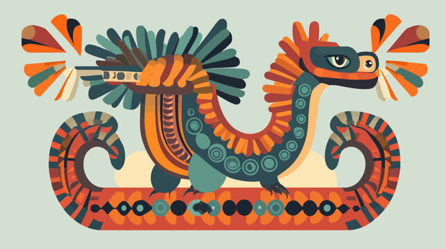 Stylized serpentine dragon with vibrant geometric wings, circular motifs, and ornate bodice patterns, symbolizing mythical legends on Teotihuacan-inspired red and orange background