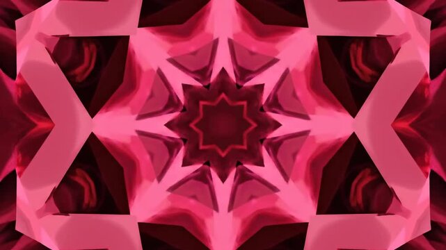 Symmetrical pink and red kaleidoscope geometric crystal mosaic pattern.