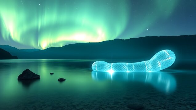 Glowing blue wormlike creature on a serene lake under the aurora borealis