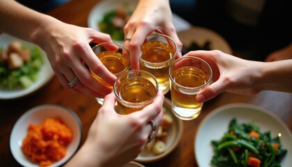 Fototapeta premium Four friends clink shot glasses filled with soju. They enjoy korean food, sharing drinks and conversation. Group celebrates happy occasion together at cozy restaurant table, toasting for good times.