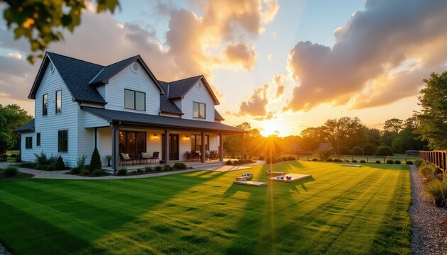 Modern white farmhouse home with expansive green lawn. Suburban residence features porch, yard games like bocce ball, and sunset sky. Ideal for family fun.