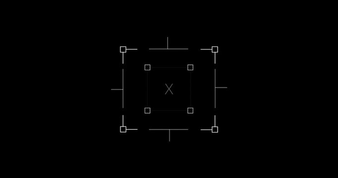 Loop in of formation of square radar display with target in sight in center on a transparent background Target searching scope and scanning radar infographics