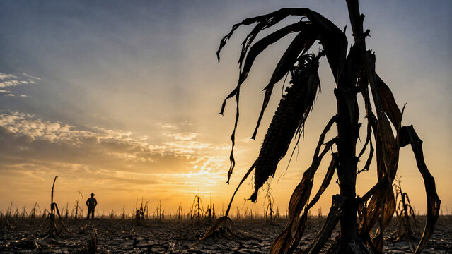 Withered corn plant in drought stricken farmland with lone farmer at sunset illustrating climate change and agricultural crisis