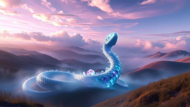 A large blue crystal snake on a hillside with mountains and foggy clouds