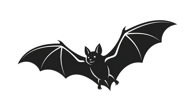 Stylized bat illustration, black and white vector graphic of a flying bat