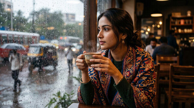 Young Indian woman with hot tea looking at rainy street in monsoon