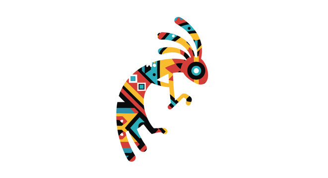 Colorful stylized Kokopelli figure with geometric patterns and tribal art style.