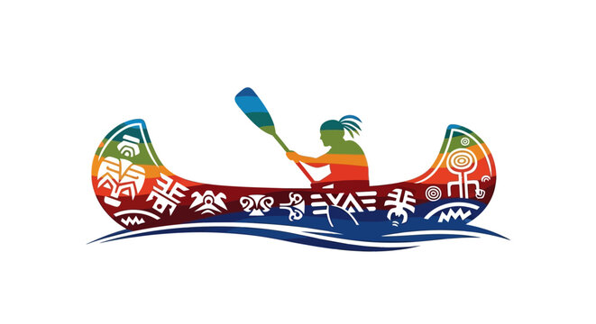 Colorful native indigenous person paddling a canoe with tribal symbols.