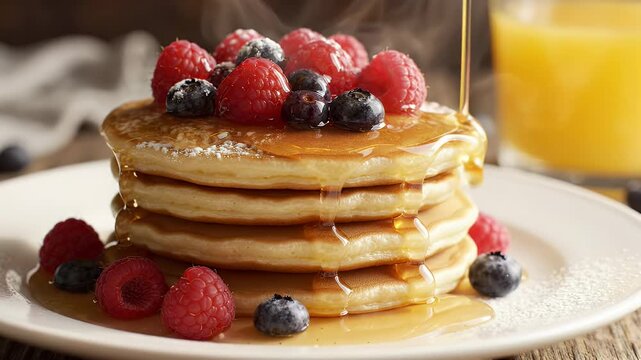 Stack of Pancakes with Berries and Syrup - A delicious stack of fluffy pancakes topped with fresh raspberries and blueberries, generously drizzled with golden syrup.