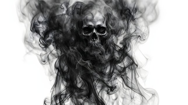 Human skull emerging from swirling black smoke isolated on white background