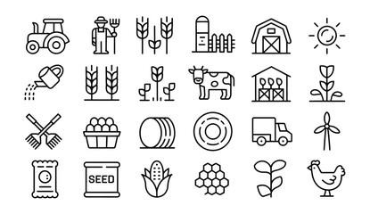 Agriculture and Farmer icon set featuring farming tools, crops, tractors, barns and rural agriculture vector illustrations. © ABUBOKKORsiddik