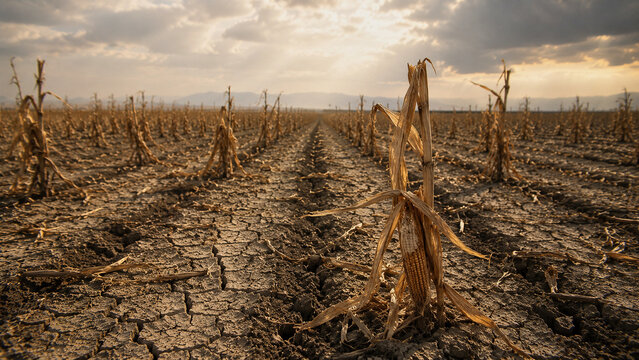 Drought stricken cornfield with cracked soil under dramatic sunset sky illustrating climate change and agricultural crisis