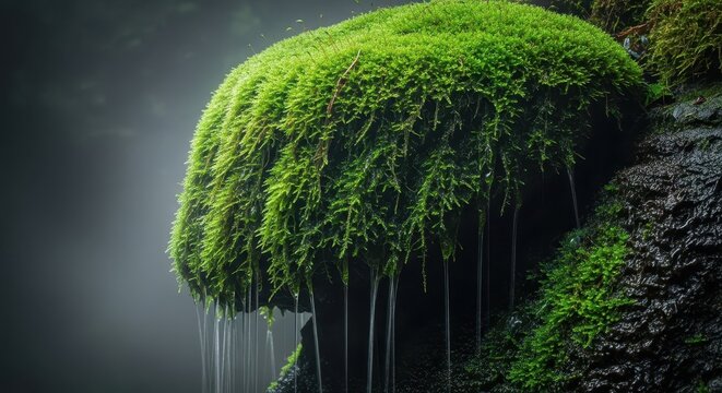 Lush green moss draping heavily over a wet, dark rock face in a dense, misty temperate rain forest, resembling a miniature waterfall, moisture, tranquility, growth