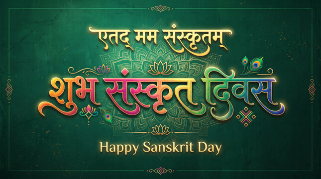 Colorful World Sanskrit Day typography with artistic Devanagari calligraphy on an elegant ornamental green cultural background