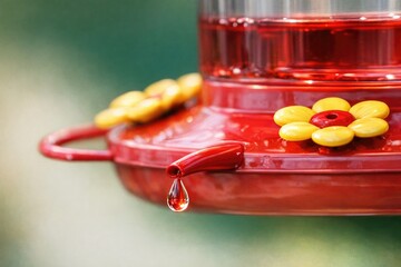 Fototapeta premium A hummingbird sips nectar from a colorful feeder, a common backyard scene