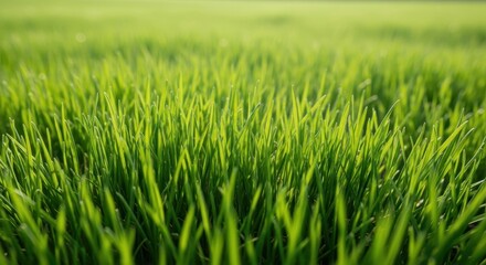 Obraz premium Vibrant, healthy green grass blades shown in high detail under natural sunlight. Perfect texture for background or environmental designs, lush, background, field