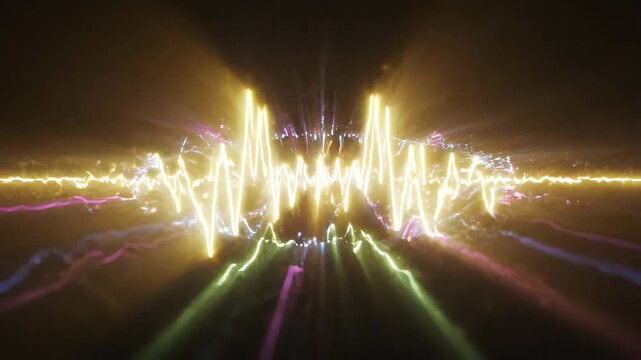 Dynamic Abstract Sound Wave Visualization with Neon Light Effects - Abstract visualization of dynamic sound waves pulsing with vibrant neon light effects.