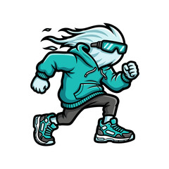 Naklejka premium Cartoon ghost character running fast wearing hoodie and goggles.