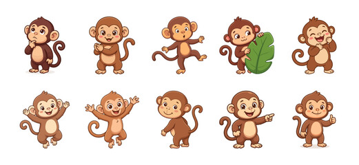 Cute Monkey Character Set. Cartoon Animals in Various Poses and Expressions. Vector Illustration for Stickers and Kids Design. © Andri