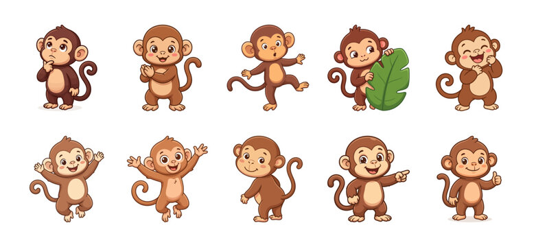 Cute Monkey Character Set. Cartoon Animals in Various Poses and Expressions. Vector Illustration for Stickers and Kids Design.