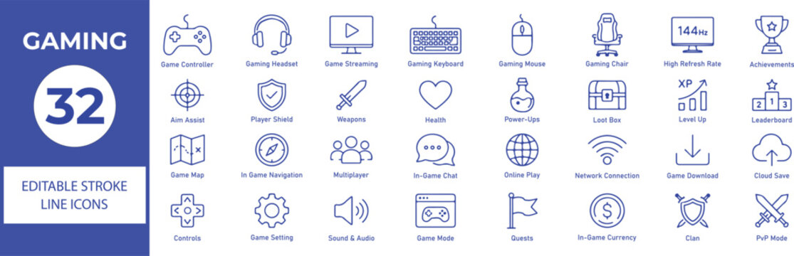 Gaming Vector Outline Icons Set &ndash; Game Controller, Esports, Streaming, Player, Console and Online Gaming Line Symbols Collection