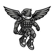 Fototapeta premium Cartoon Eagle Soldier Mascot Character Flying.