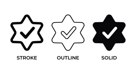 Star with checkmark icon in stroke outline and solid styles on a white background © MSTMAJEDA