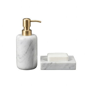 Marble soap dispenser and soap dish with bar of soap