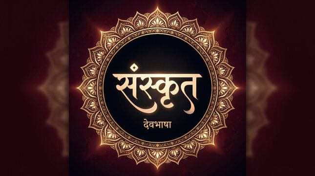 Elegant Sanskrit typography with ornate golden mandala frame on a luxury dark background for World Sanskrit Day cultural celebration