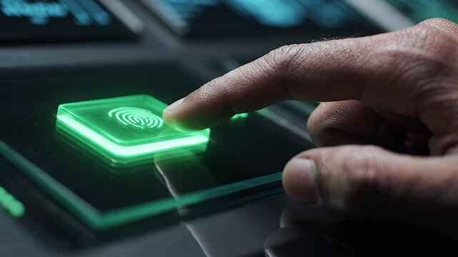 Finger Pressing Glowing Digital Fingerprint Button on Futuristic Interface - A close-up shot shows a human finger pressing a bright green, glowing digital button with a fingerprint icon.